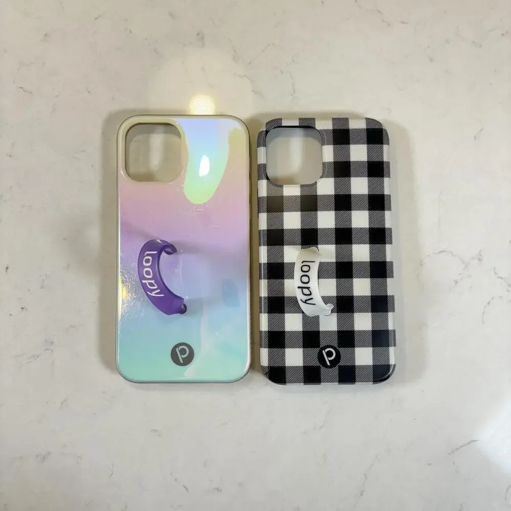Pair Of Two Loopy iPhone 12 Cases - iridescent and checker print